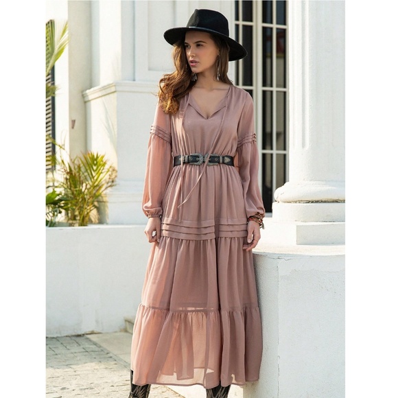Pink Bohemian Maxi Dress Chiffon Neck Ties Long Sleeve Ruffle Hem Flowy - Picture 1 of 10